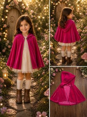 Land of Merriment Kids Hooded Crushed Velvet Cape Hot Pink Small Dress Up